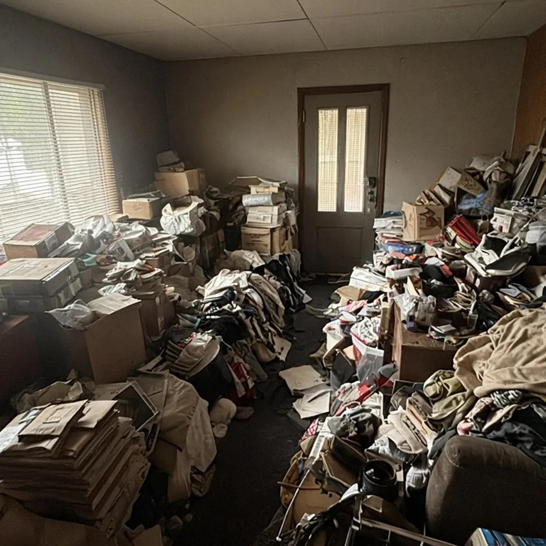 Living room packed with boxes and bags before a hoarding cleanup