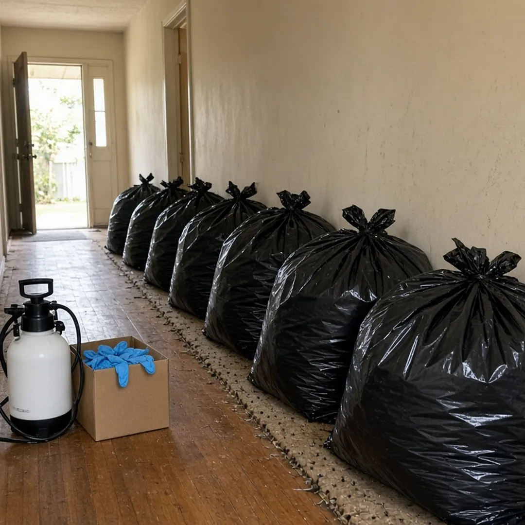 Sealed biohazard bags staged inside a hoarded home